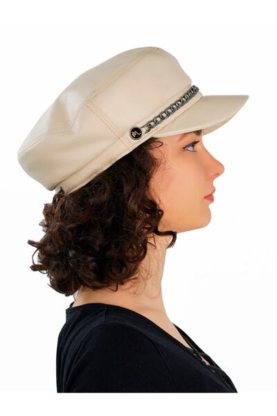 Mumcu's Leather Krem Deri Kadın Kaptan Denizci Tipi Saten Astarlı Kasket Şapkası