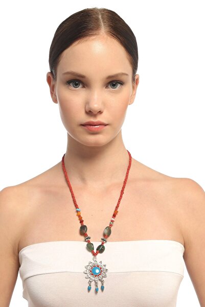 Rouge Women's Red Moulin Sun Figure Authentic Natural Stone Beaded Necklace