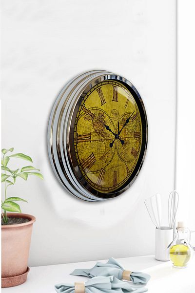 Kasva Concept Gift 40 cm Chrome Metal Maps Wall Clock