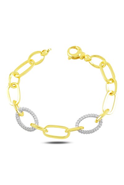 BARIŞ TAKI 925 Ayar Gümüş Gold Beyaz Taşlı Hallow Bileklik