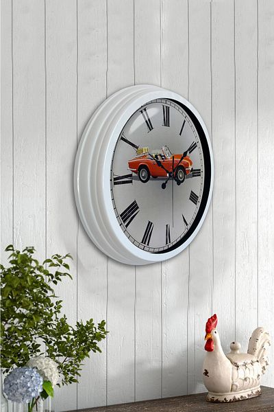 Kasva Concept Gift 40 cm White Metal Sports Car Wall Clock