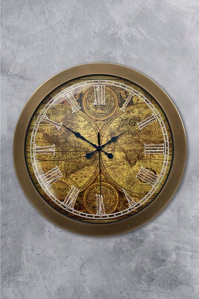Platin Saat Gift 36 cm Antique Metal Map Wall Clock