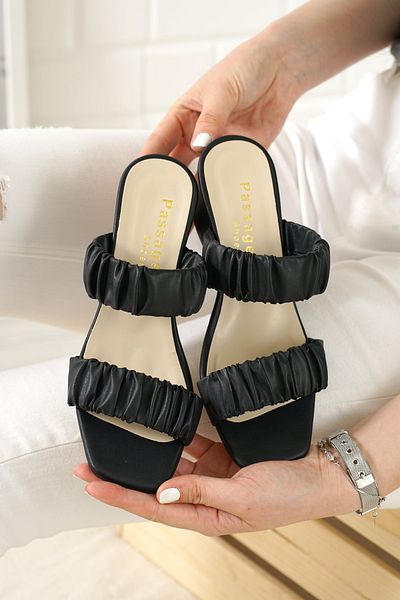 PASSAGE SHOES 6061 Γυναικείες παντόφλες με τακούνι με μαύρο δέρμα