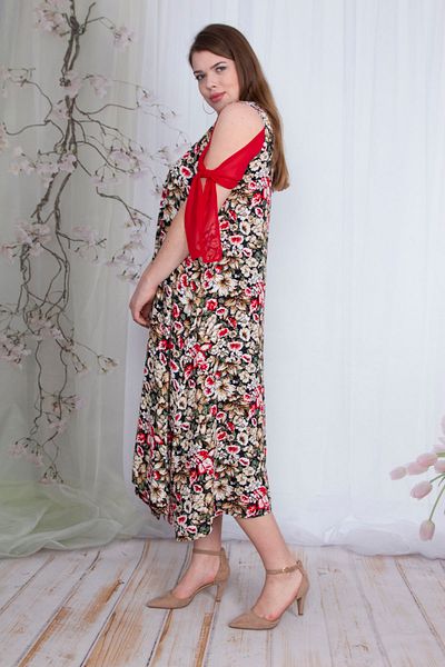 Şans Women's Red Sleeve Detailed Floral Patterned Dress 65N23462