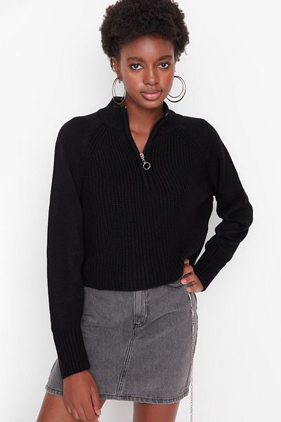 Trendyol Collection Pulover de bază cu fermoar cu fermoar negru TWOAW22KZ1632