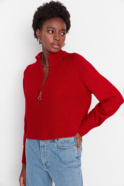Trendyol Collection Roter Crop-Pullover mit Reißverschluss und Stehkragen Basic Knitwear Pullover TWOAW22KZ1632