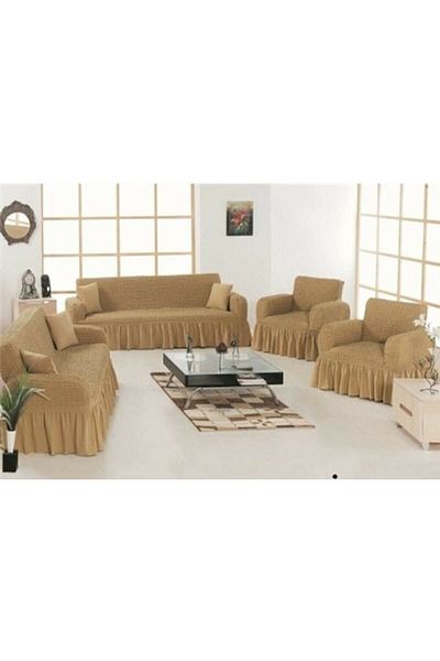 AK LALE Set de canapea extensibilă cu canapea maxi de culoare bej - țesătură elastică flexibilă 3+3+1+1