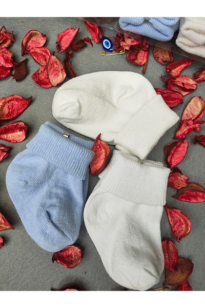 Akface Curled Plain Cotton 3-Piece Men's 0-6 Months Newborn Baby Socks