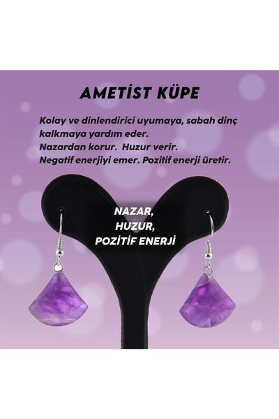 OSMANLI DOĞAL TAŞ Certified Amethyst Drop Natural Stone Earrings - 2 Cm Brass Parts Clip K002