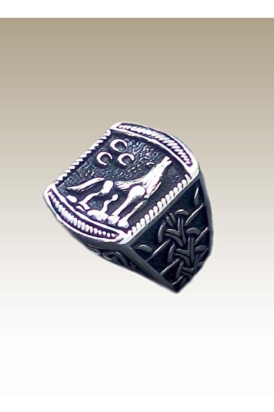 925 Gümüş Hidsilver Kkbkrtyzk Kare Kesim Üç Hilalli Bozkurt Yüzük