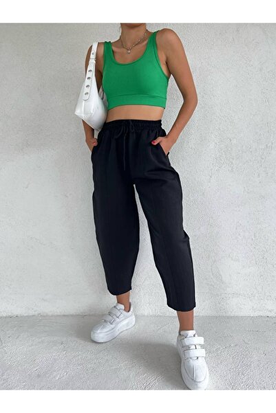 LA DİAMANTE بنطلون شالوار بخصر مطاطي للركض أسود للنساء