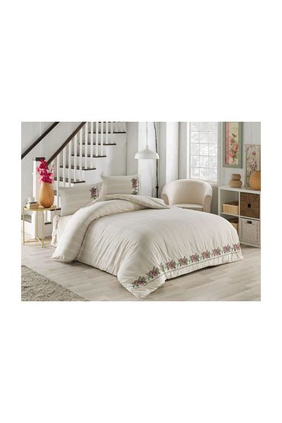 Durul Buldan Work Authentic Cross Stitched Double Natural Boxed Duvet Cover Set