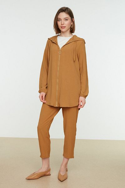 Trendyol Modest Camel Color Hooded Zippered Cardigan and Trousers Set - Tctss22Us0026