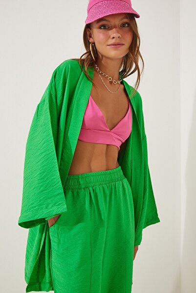 Happiness İstanbul Dámské zelené kalhoty Kimono DZ00046