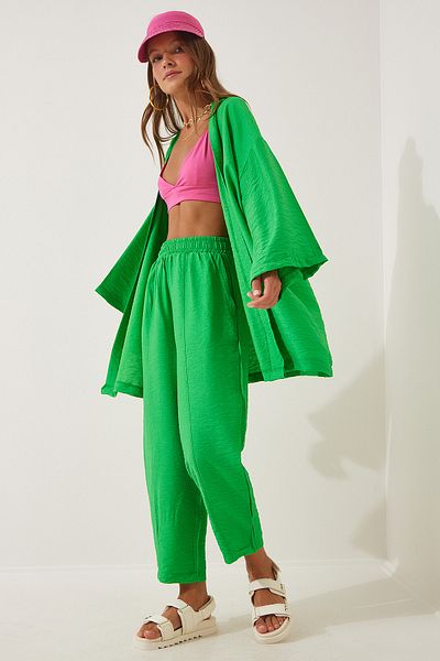 Happiness İstanbul Grünes Kimono-Hosen-Set für Damen DZ00046