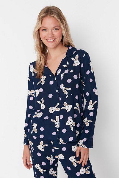 Trendyol Collection Sötétkék nyúl mintás viszkóz szőtt pizsama szett THMAW21PT0048