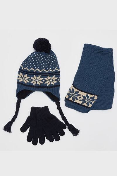 MODA Erkek Çocuk Jakarlı Desenli Atkı Bere Eldiven Set Takım