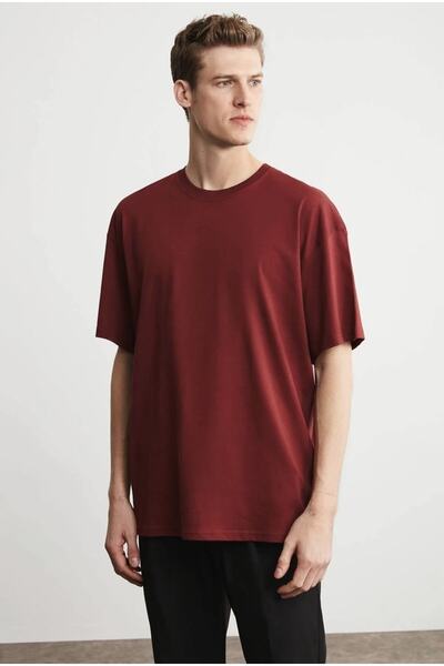 JAKARLI Claret Red Unisex Oversize Βαμβακερό T-shirt - Ποδηλατικός Γιακάς