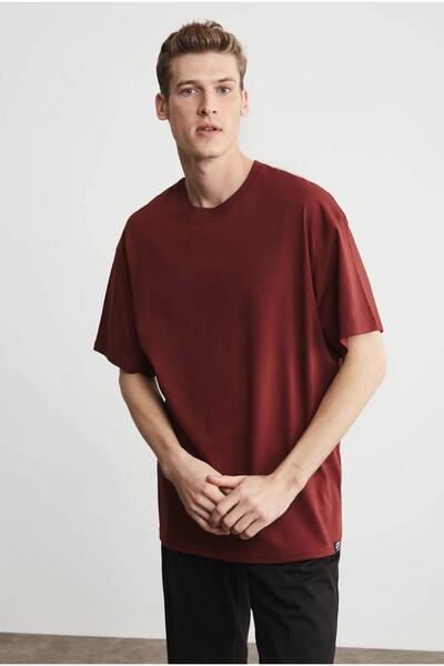JAKARLI Claret Red Unisex Oversize Βαμβακερό T-shirt - Ποδηλατικός Γιακάς