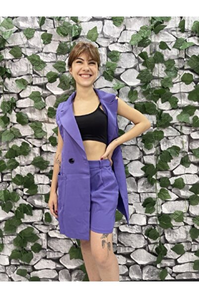 1Moda1Tarz Women's Purple Double Breasted Collar Vest Jacket High Shorts Pocket Bottom-Top Suit Daily Elegant Office Wear