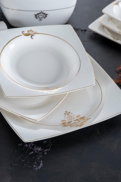 ACAR Savanna 60 Parça 12 Kişilik Bone Chine Beyaz Porselen Kare Yemek Takımı 0346