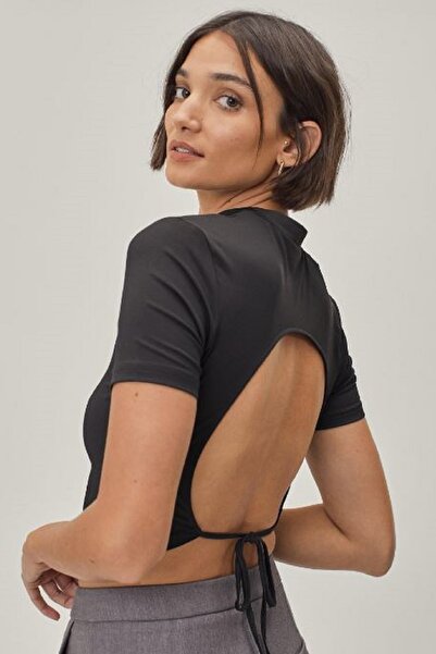 Rooted Kadın Basıc Kol Sırt Açık Crop Tshırt %100 Cotton