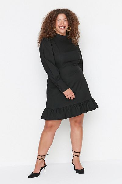 Trendyol Curve Frilly Black Woven Dress - Stand Collar TBBAW23AH00038