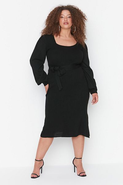 Trendyol Curve Black Corded Bodycone Midi Knitwear Dress Tbbaw23Ah00032