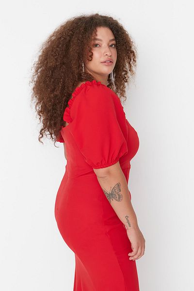 Trendyol Curve Red Heart Collar Skirt Flounce Woven Dress TBBSS22AH00043
