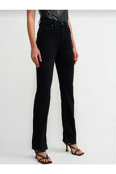 Trn JNS Roma Negru Lycra cu talie super înaltă Blugi largi Pantaloni Palazzo (SUPER ÎNALT) Picior lat