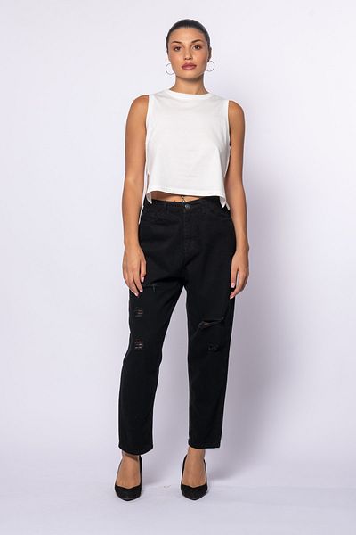 Grenj Fashion Μαύρο σχισμένο λεπτομερές ψηλόμεσο μαμά τζιν