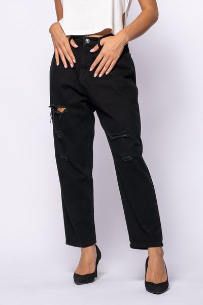 Grenj Fashion Μαύρο σχισμένο λεπτομερές ψηλόμεσο μαμά τζιν