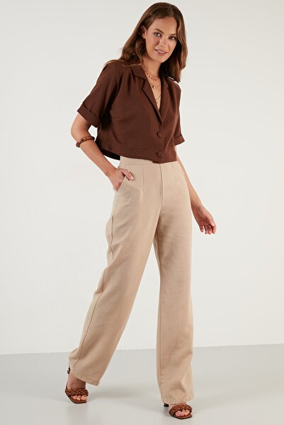 Lela Cepli Fermuarlı Yüksek Bel Bol Paça Pantolon Kadın Pantolon