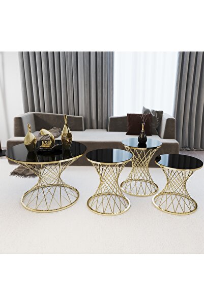 KASGER Siyah Cam Hasır Kum Saati Zigon Sehpa Takımı