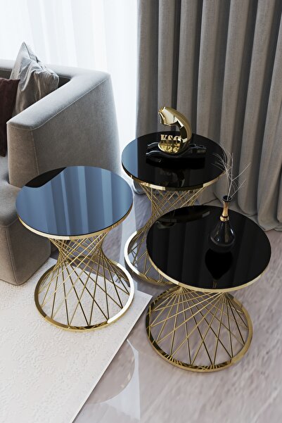 KASGER Siyah Cam Hasır Kum Saati Zigon Sehpa Takımı