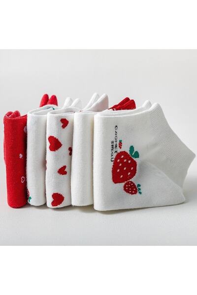 çorapmanya 5 Pairs of Cute Multicolored Heart, Strawberry Patterned Women's Booties Socks