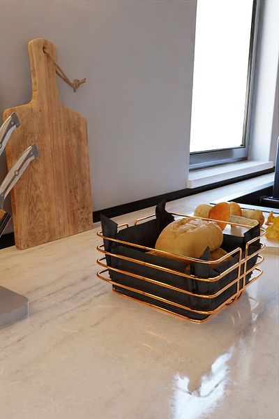 Milenay Gold Stainless Decorative Round Bread Holder, Bread Basket, Multi-Purpose Basket, Black Fabric