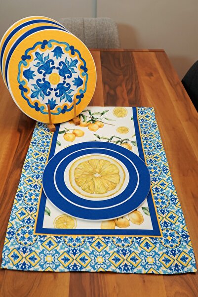 Viemso Lemon Patterned Special Design Runner 6-Piece Charger Plate Case Excluding Wooden Charger Plates