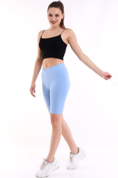 Self Clothing Kadın Boncuk Mavi Penye Kumaş Yüksek Bel Kısa Tayt Slf1295
