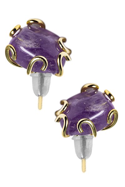 Tesbih Atölyesi Sertifikalı Doğal Ametist Taşı Küpe (24k Altın Kaplama)