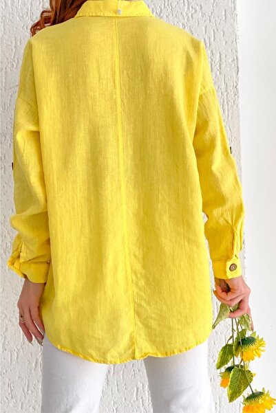 FEMELLE Kadın Sarı Ahşap Düğmeli Pamuk Keten Gömlek %65 Pamuk %35 Keten