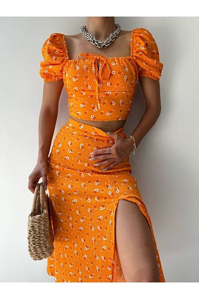 dükkan10butika Orange Women's Summer Blouse and Skirt Set