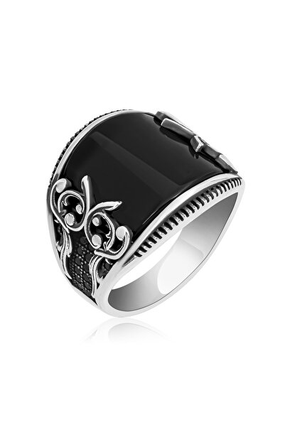 ALYANSEVİM Karpuz Kesim Siyah Taşlı 925 Gümüş Erkek Yüzük