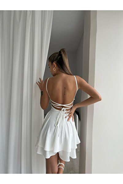 Suelo Butik Sırt Detaylı Eteği Şortlu Galway Beyaz Elbise