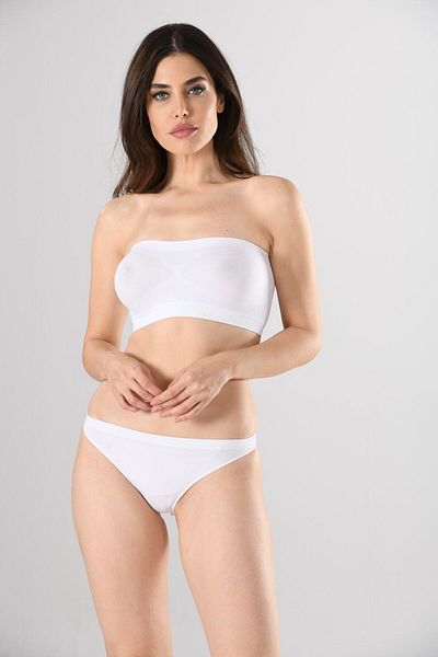 Miss Fit Women's White Seamless Basic Padless Ribbed Strapless Bustier Knitted Seamless