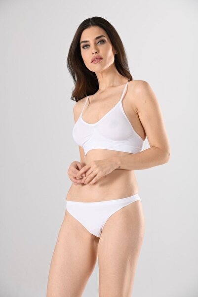 Miss Fit Women's White Seamless Thin Strap No Underwire V-Neck Gather Detailed Bustier Knitted Seamless