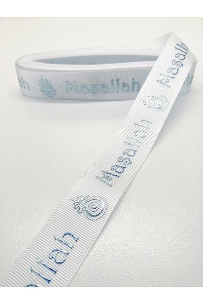 Bride Aksesuar Dünyası Panglică Grosgrain cu model Mashallah alb albastru 2,5 cm 1 metru – Panglică – Panglică