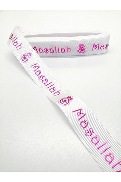 GELD Panglică Grosgrain cu model Mashallah alb fucsia 2,5 cm 2 metri – Panglică – Panglică