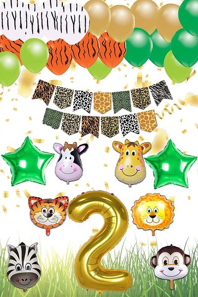 Patladı Gitti Safari Concept 2 Years Birthday Party Celebration Set; Number & Star Foil, Banner & Balloon Chain