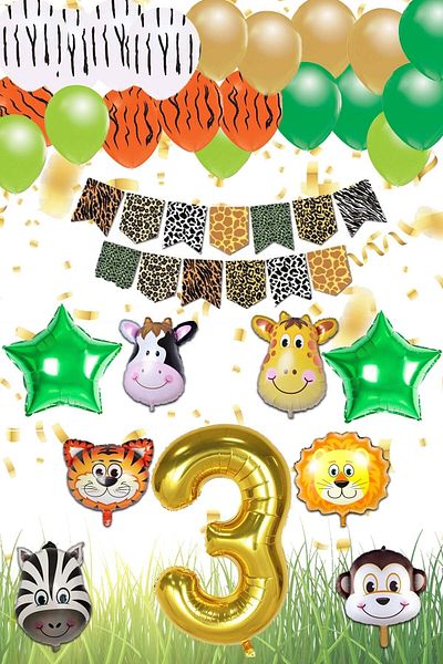 Patladı Gitti Safari Concept 3 Years Birthday Party Celebration Set;Number and Star Foil, Banner and Balloon Chain